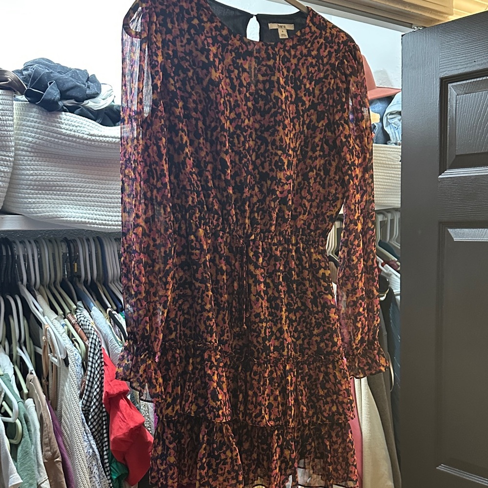 Long Sleeve Tiered Floral Dress in Black and Burgundy